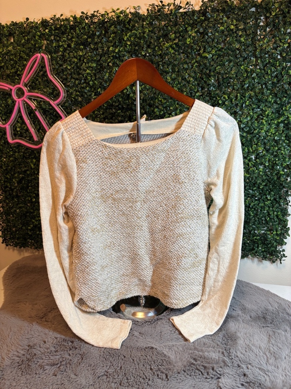 Anthropologie Cream Textured Square-Neck Knit Sweater Size Small